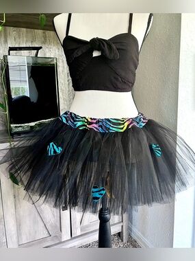 Tutu Handmade Black Tulle Midi Skirt Zebra Hearts Rave Festival Women’s S/M